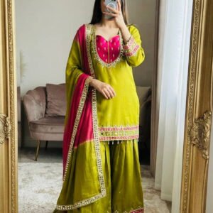Premium Olive Green Roman Glass Silk Kurta Palazzo Set