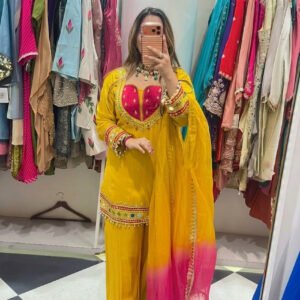 Mustard Roman Glass Mirror Work Kurta Palazzo Set with Kota Checks Dupatta