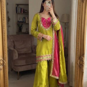 Premium Olive Green Roman Glass Silk Kurta Palazzo Set