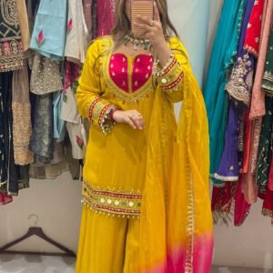 Mustard Roman Glass Mirror Work Kurta Palazzo Set with Kota Checks Dupatta