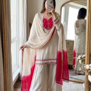 Off White Roman Glass Mirror Work Kurta Palazzo Set