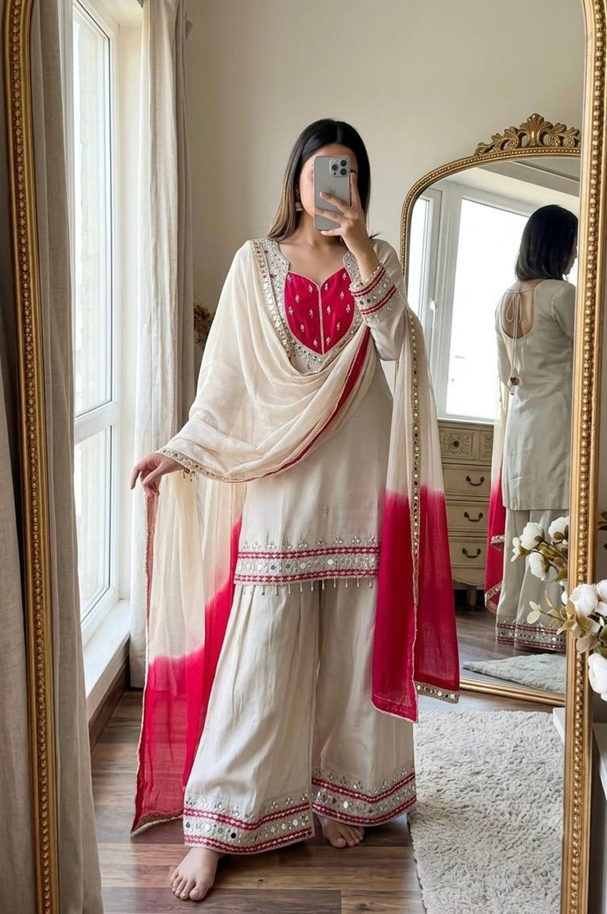 Off White Roman Glass Mirror Work Kurta Palazzo Set Off White Roman Glass Mirror Work Kurta Palazzo Set