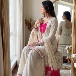 Off White Roman Glass Mirror Work Kurta Palazzo Set
