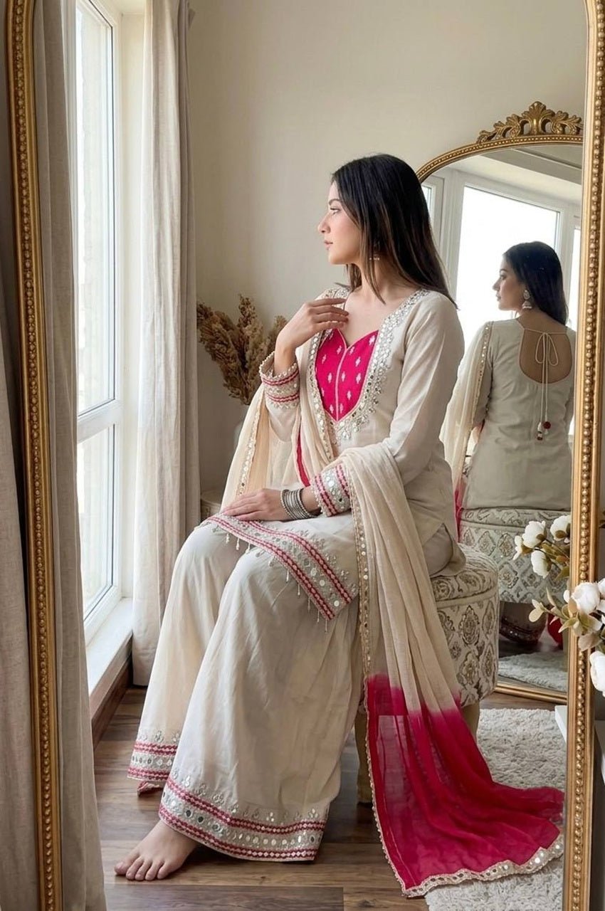 Off White Roman Glass Mirror Work Kurta Palazzo Set Off White Roman Glass Mirror Work Kurta Palazzo Set