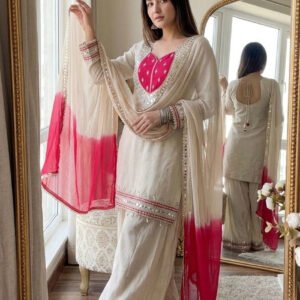 Off White Roman Glass Mirror Work Kurta Palazzo Set