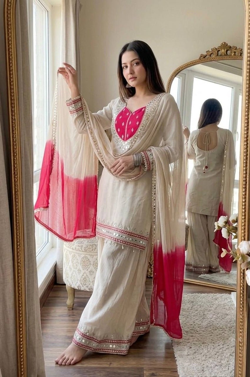 Off White Roman Glass Mirror Work Kurta Palazzo Set Off White Roman Glass Mirror Work Kurta Palazzo Set
