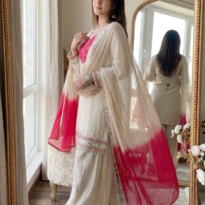 Off White Roman Glass Mirror Work Kurta Palazzo Set