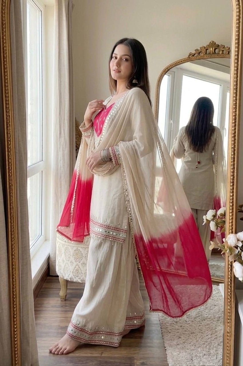 Off White Roman Glass Mirror Work Kurta Palazzo Set Off White Roman Glass Mirror Work Kurta Palazzo Set
