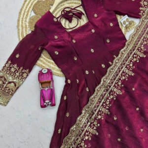 Royal Wine Heavy Fandy Silk Embroidered Gown Set with Dupatta & Pant
