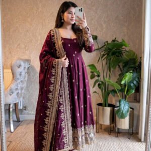 Royal Wine Heavy Fandy Silk Embroidered Gown Set with Dupatta & Pant