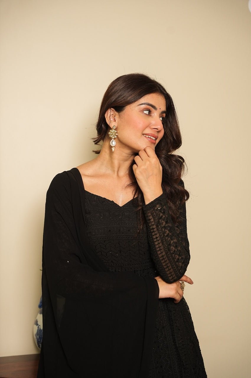 Black Georgette Lucknowi Work Anarkali Suit Set Black Georgette Lucknowi Work Anarkali Suit Set