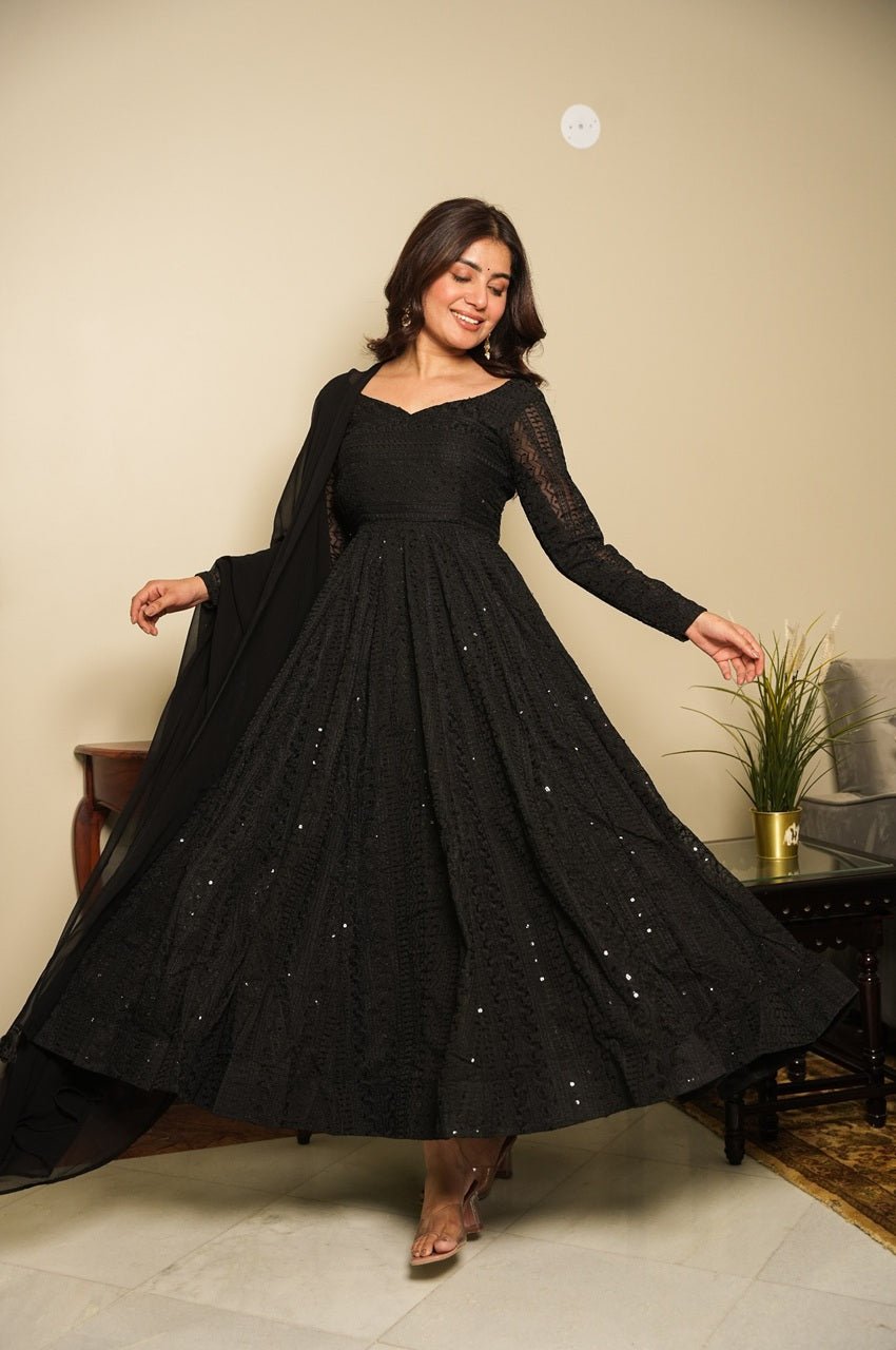 Black Georgette Lucknowi Work Anarkali Suit Set Black Georgette Lucknowi Work Anarkali Suit Set