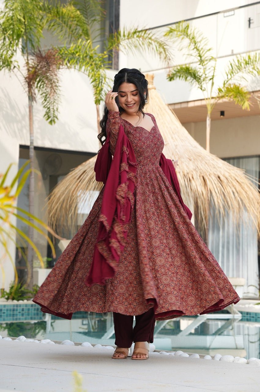 Traditional Ajrakh Print Maroon Cotton Anarkali Suit Traditional Ajrakh Print Maroon Cotton Anarkali Suit