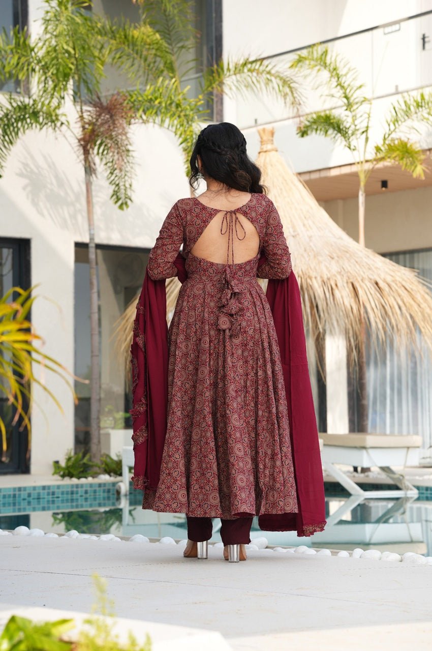 Traditional Ajrakh Print Maroon Cotton Anarkali Suit Traditional Ajrakh Print Maroon Cotton Anarkali Suit
