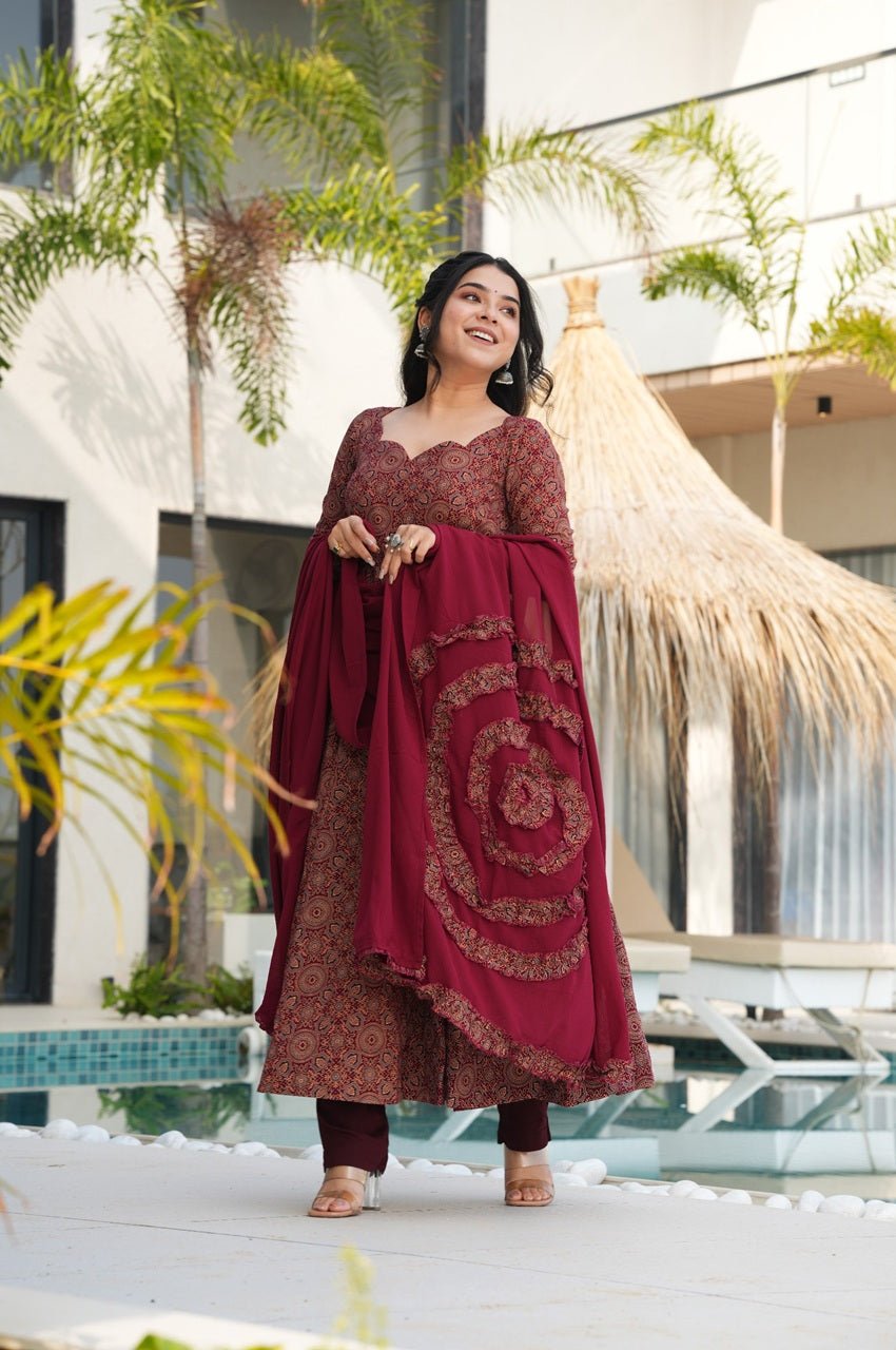 Traditional Ajrakh Print Maroon Cotton Anarkali Suit Traditional Ajrakh Print Maroon Cotton Anarkali Suit