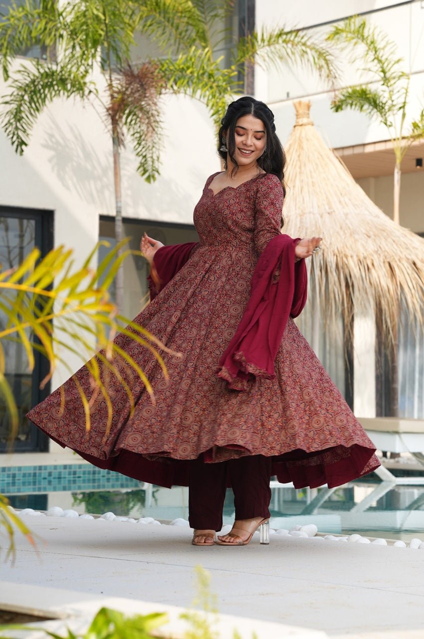Traditional Ajrakh Print Maroon Cotton Anarkali Suit Traditional Ajrakh Print Maroon Cotton Anarkali Suit