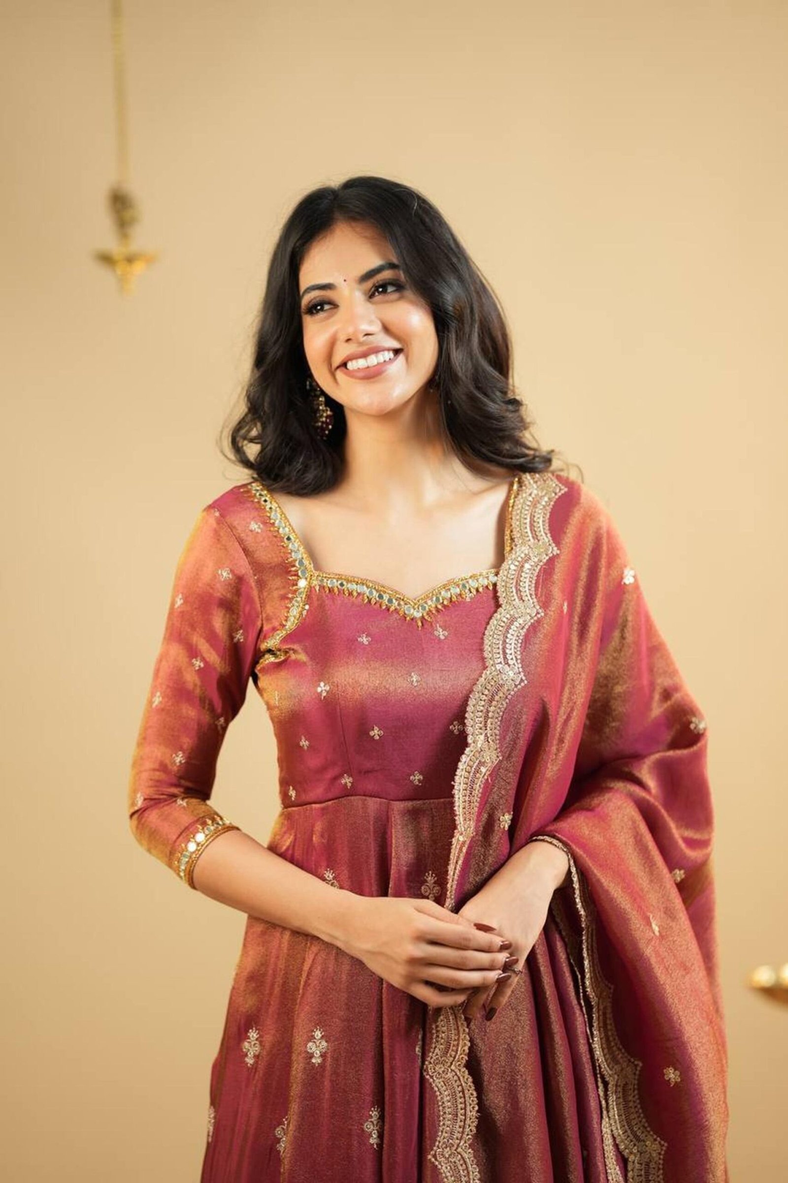 Rust Orange South Indian Style Anarkali Suit Set Rust Orange South Indian Style Anarkali Suit Set