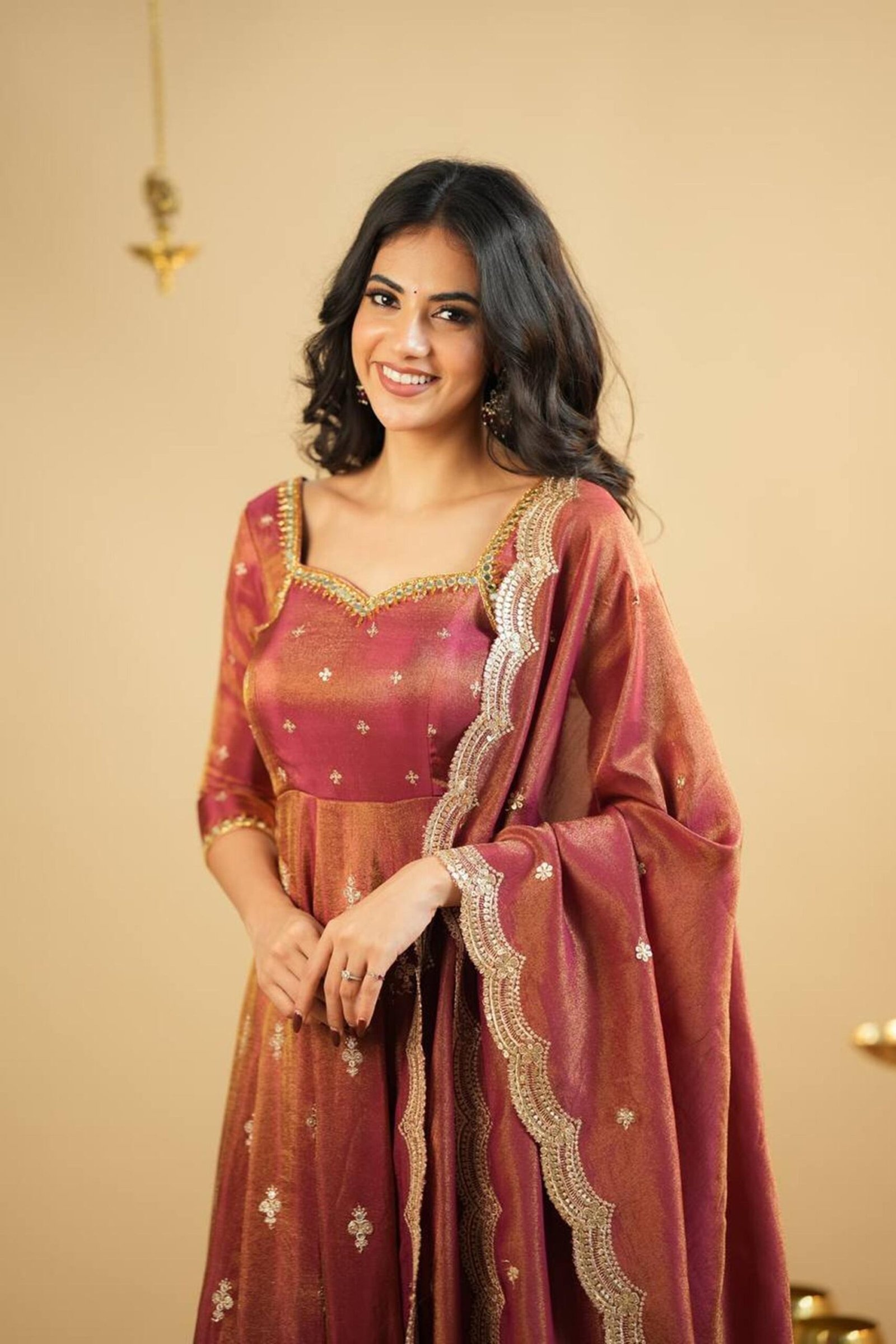 Rust Orange South Indian Style Anarkali Suit Set Rust Orange South Indian Style Anarkali Suit Set