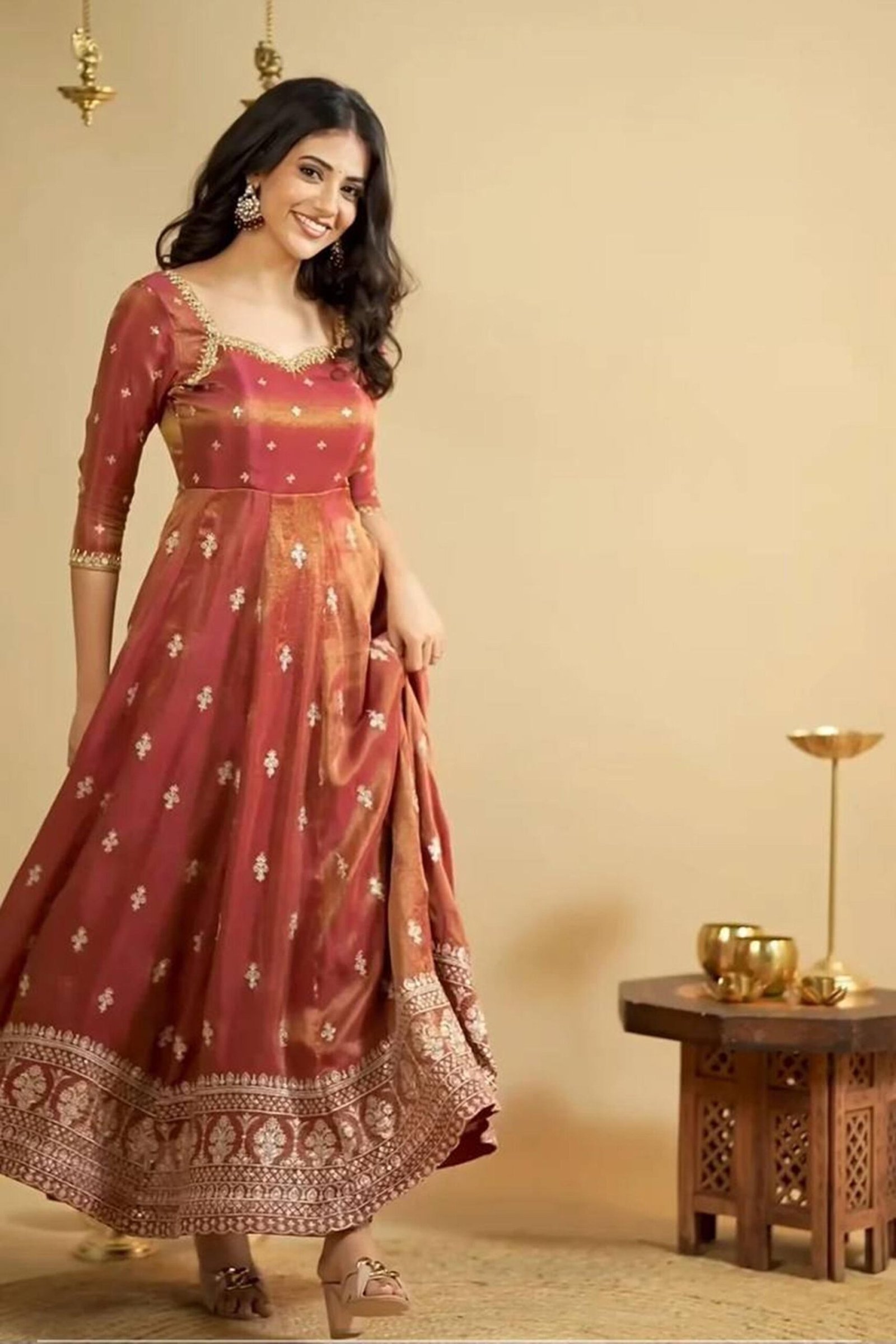 Rust Orange South Indian Style Anarkali Suit Set Rust Orange South Indian Style Anarkali Suit Set