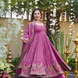 Magenta Crushed Silk Anarkali Suit Set