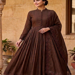 Brown Roman Silk Embroidered Anarkali Gown Set with Dupatta