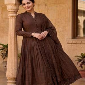 Brown Roman Silk Embroidered Anarkali Gown Set with Dupatta