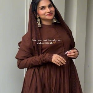 Brown Roman Silk Embroidered Anarkali Gown Set with Dupatta