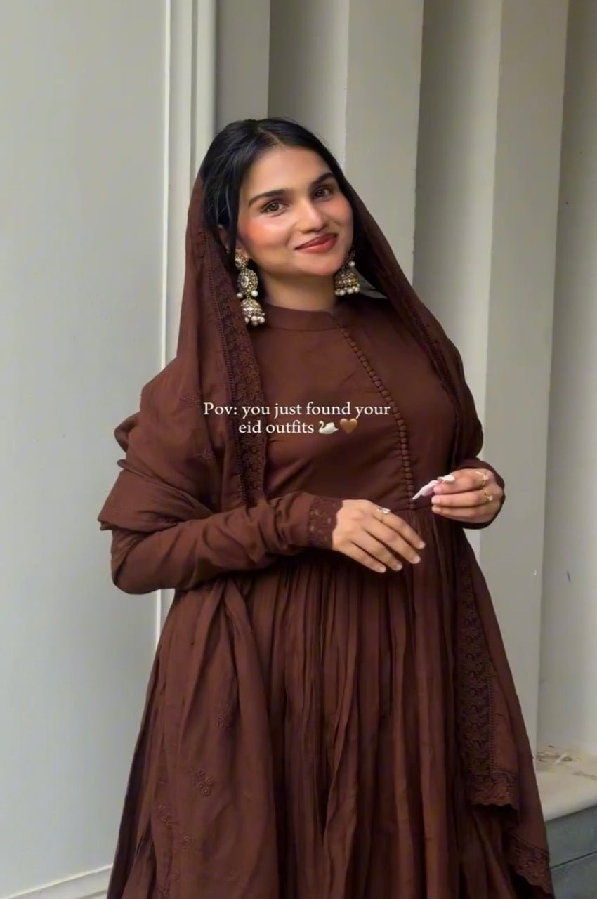 Brown Roman Silk Embroidered Anarkali Gown Set with Dupatta Brown Roman Silk Embroidered Anarkali Gown Set with Dupatta