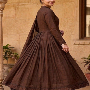 Brown Roman Silk Embroidered Anarkali Gown Set with Dupatta