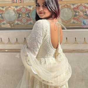 Luxurious White Georgette Anarkali Suit Set with Lakhnawi Work