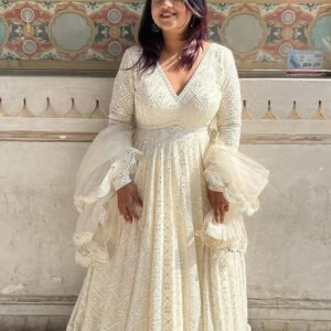 Luxurious White Georgette Anarkali Suit Set with Lakhnawi Work
