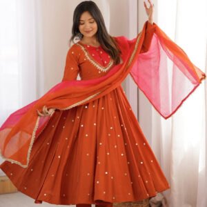 Rust Orange Roman Silk Embroidered Gown Set with Real Mirror Work & Dupatta