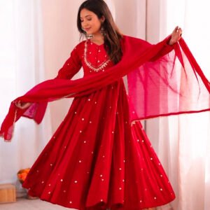 Red Roman Silk Real Mirror Work Anarkali Suit with Digital Print Dupatta