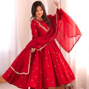 Red Roman Silk Real Mirror Work Anarkali Suit with Digital Print Dupatta