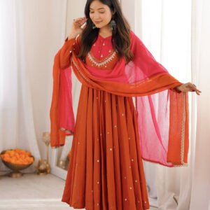 Rust Orange Roman Silk Embroidered Gown Set with Real Mirror Work & Dupatta