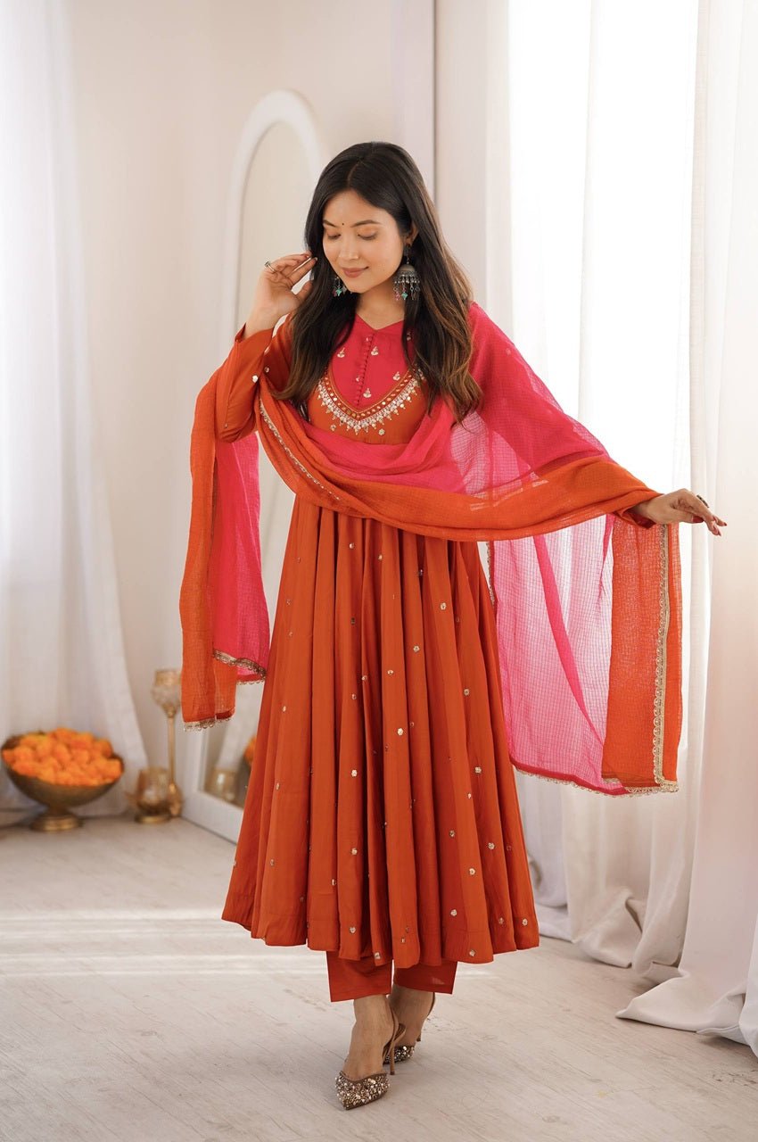 Rust Orange Roman Silk Embroidered Gown Set with Real Mirror Work & Dupatta Rust Orange Roman Silk Embroidered Gown Set with Real Mirror Work & Dupatta
