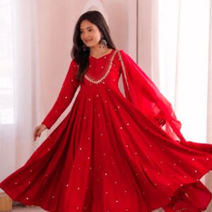 Red Roman Silk Real Mirror Work Anarkali Suit with Digital Print Dupatta