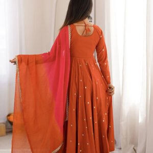 Rust Orange Roman Silk Embroidered Gown Set with Real Mirror Work & Dupatta