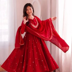 Red Roman Silk Real Mirror Work Anarkali Suit with Digital Print Dupatta