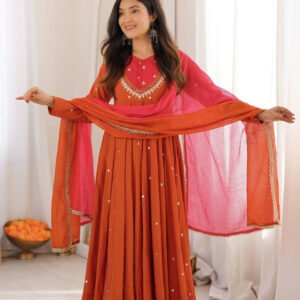 Rust Orange Roman Silk Embroidered Gown Set with Real Mirror Work & Dupatta