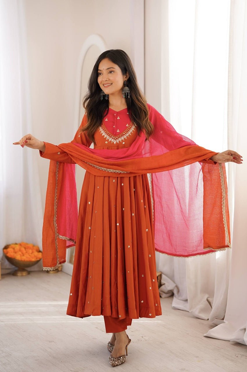 Rust Orange Roman Silk Embroidered Gown Set with Real Mirror Work & Dupatta Rust Orange Roman Silk Embroidered Gown Set with Real Mirror Work & Dupatta