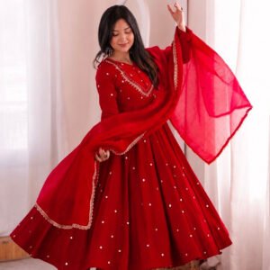 Red Roman Silk Real Mirror Work Anarkali Suit with Digital Print Dupatta