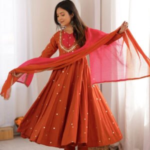 Rust Orange Roman Silk Embroidered Gown Set with Real Mirror Work & Dupatta