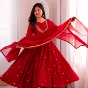 Red Roman Silk Real Mirror Work Anarkali Suit with Digital Print Dupatta