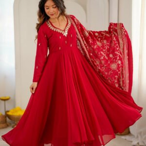 Red Faux Georgette Anarkali Gown Set with Khatli Real Mirror Work