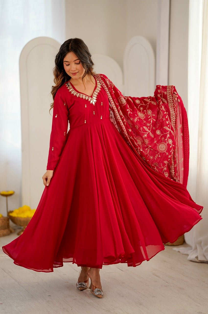 Red Faux Georgette Anarkali Gown Set with Khatli Real Mirror Work Red Faux Georgette Anarkali Gown Set with Khatli Real Mirror Work