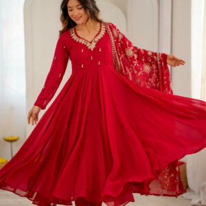 Red Faux Georgette Anarkali Gown Set with Khatli Real Mirror Work