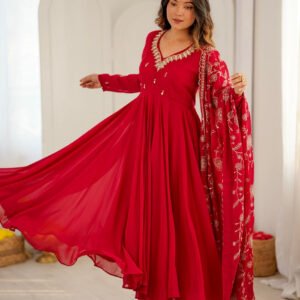 Red Faux Georgette Anarkali Gown Set with Khatli Real Mirror Work
