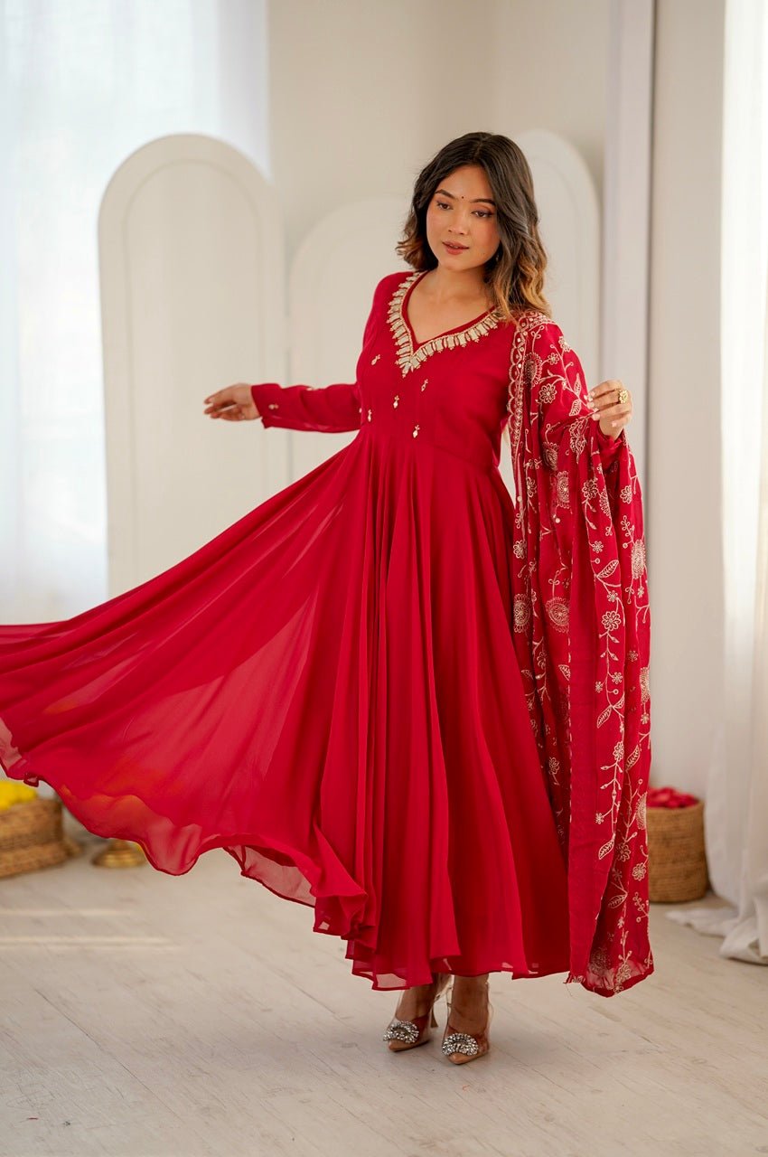 Red Faux Georgette Anarkali Gown Set with Khatli Real Mirror Work Red Faux Georgette Anarkali Gown Set with Khatli Real Mirror Work