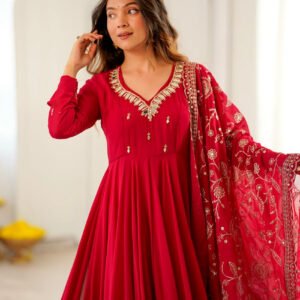 Red Faux Georgette Anarkali Gown Set with Khatli Real Mirror Work